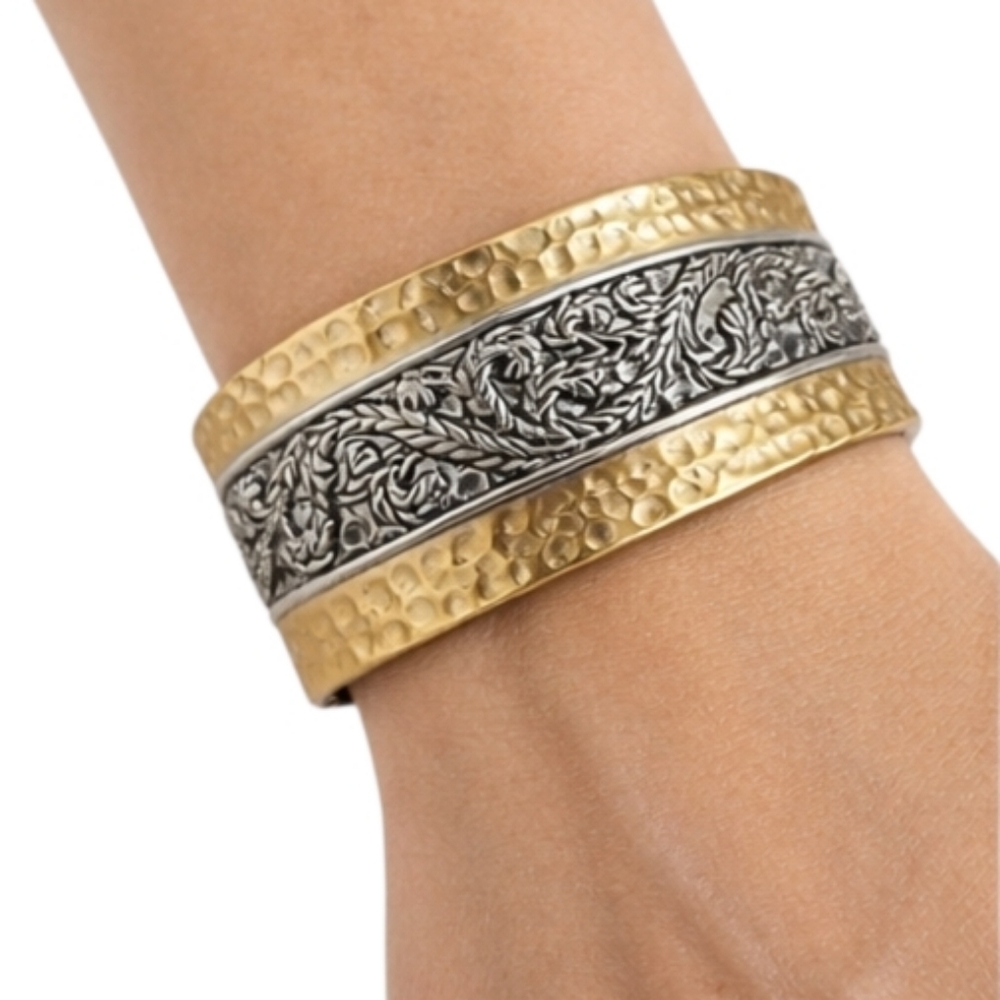 Hammered Floral Vine Cuff Bracelet Gold and Silver Tone